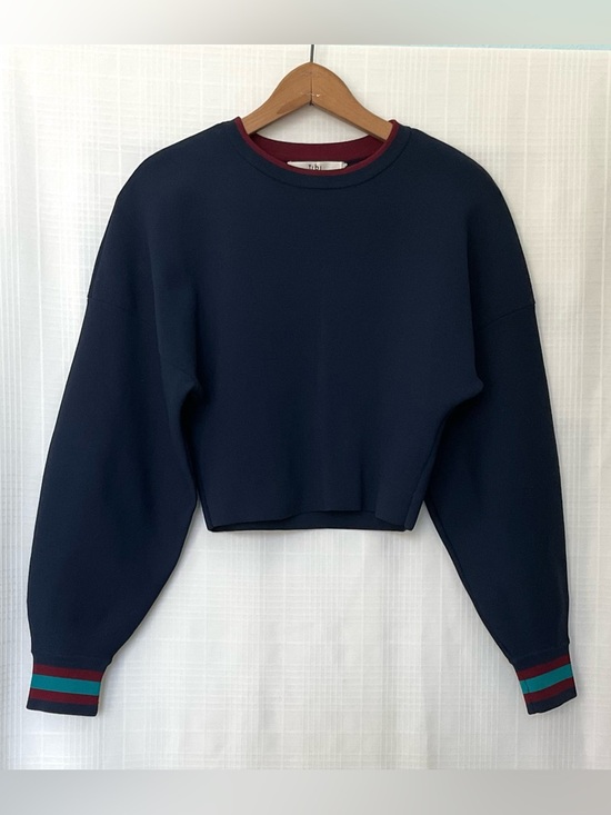 Tibi Sweaters - Tibi Navy Crewneck Sweater with Burgundy Trim